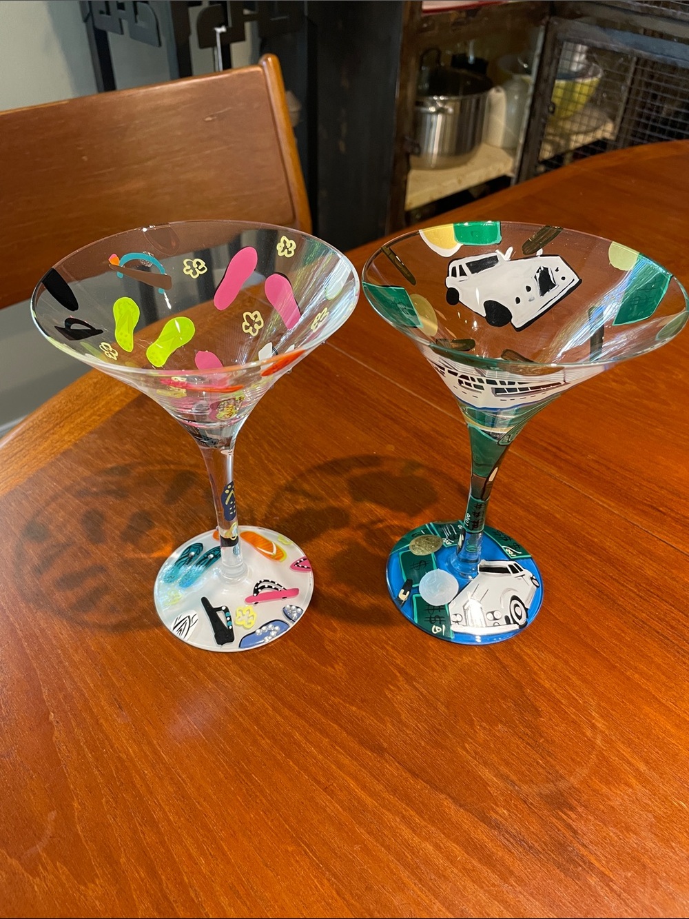 Two Lolita hand painted martini glasses - Millionaire and Flip-Flops